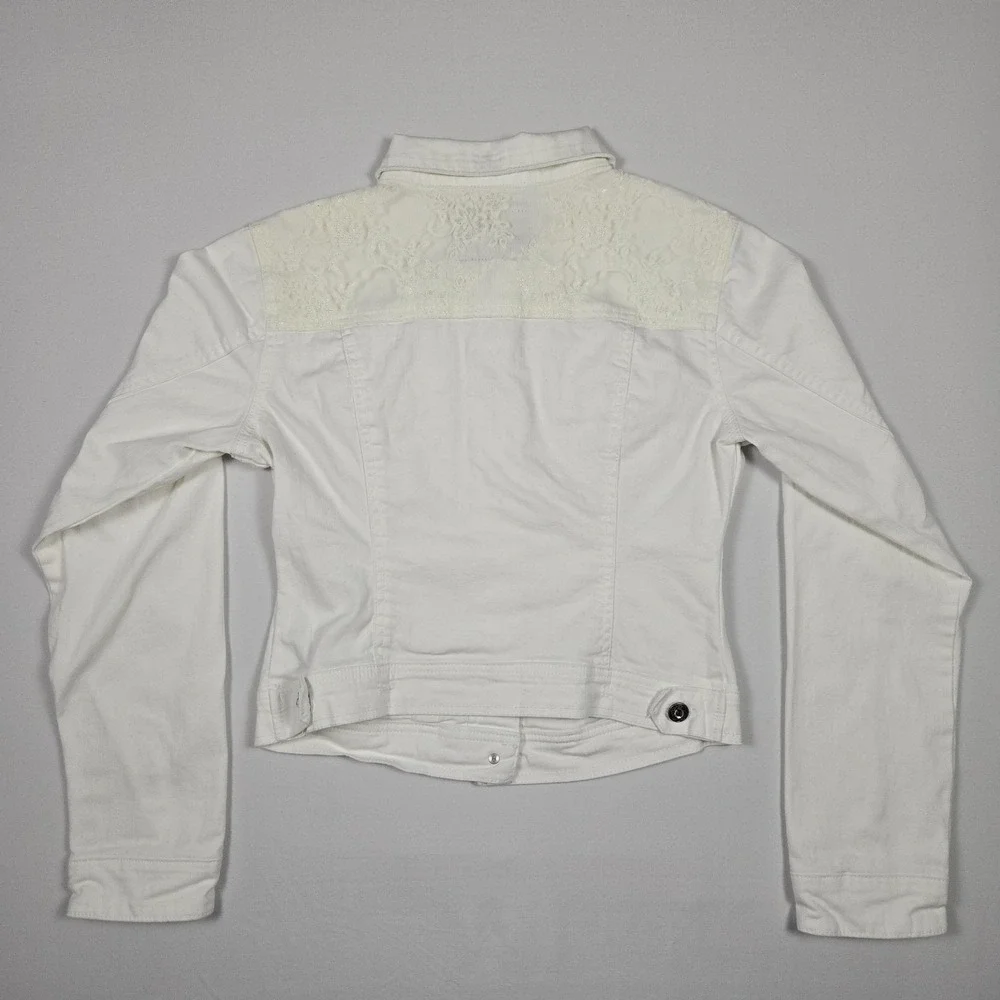 Daytrip White Denim Jacket M Rhinestone Lace Back‎ Trucker Western Glam Coquette